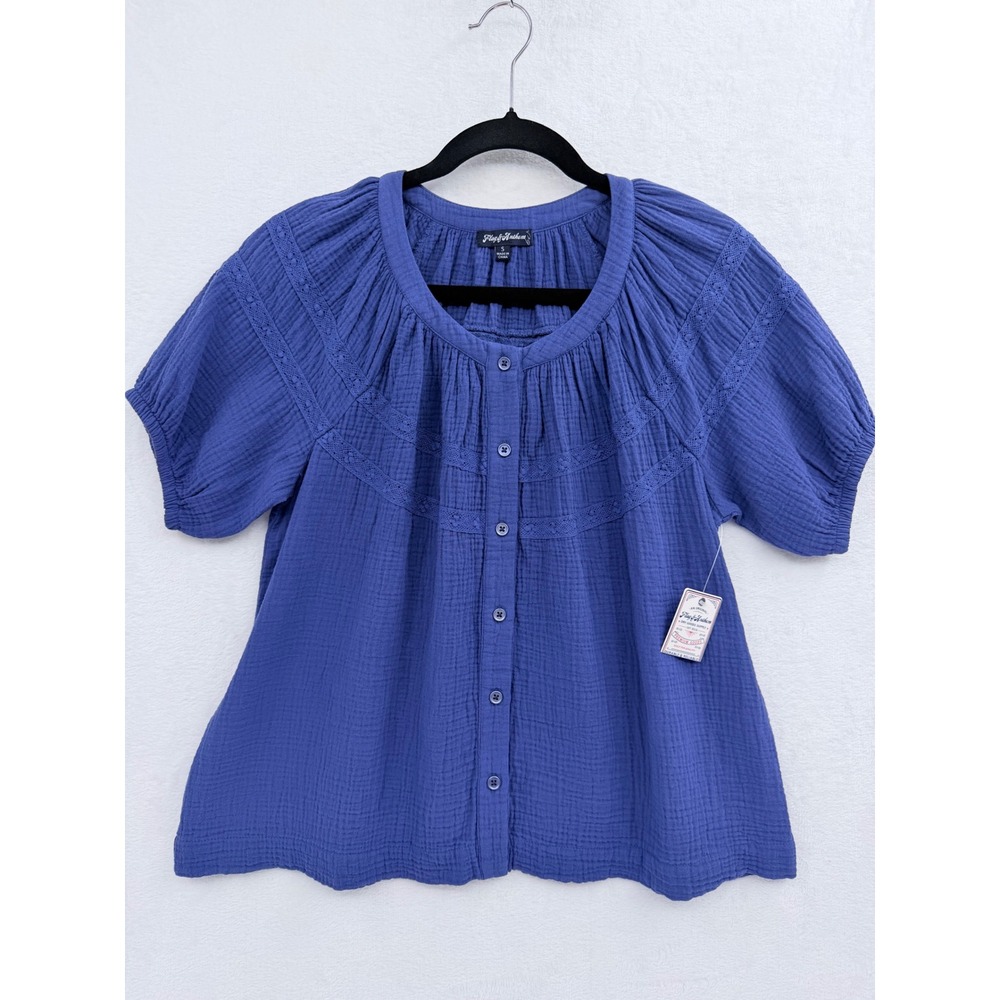 Flag & Anthem Rosie Lace Trim Peasant‎ Top Blue Indigo Gauze Small Boho Cottage